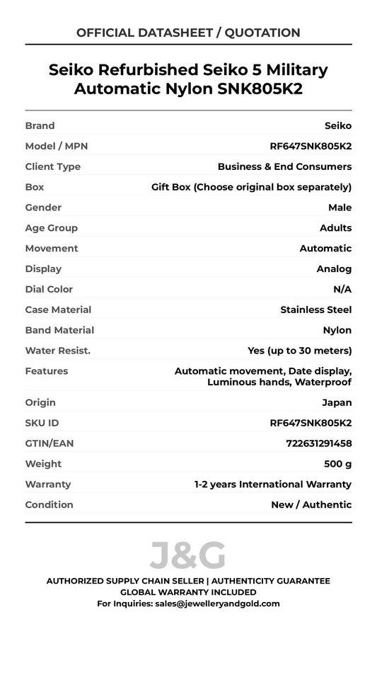 Seiko Refurbished Seiko 5 Military Automatic Nylon SNK805K2. A brand-new Seiko watch featuring a N/A dial and a Nylon strap. Front view. - MAIN_PH