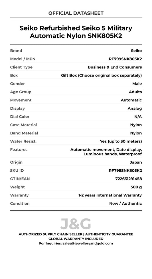 Seiko Refurbished Seiko 5 Military Automatic Nylon SNK805K2. A brand-new Seiko watch featuring a N/A dial and a Nylon strap. Front view. - MAIN_PH