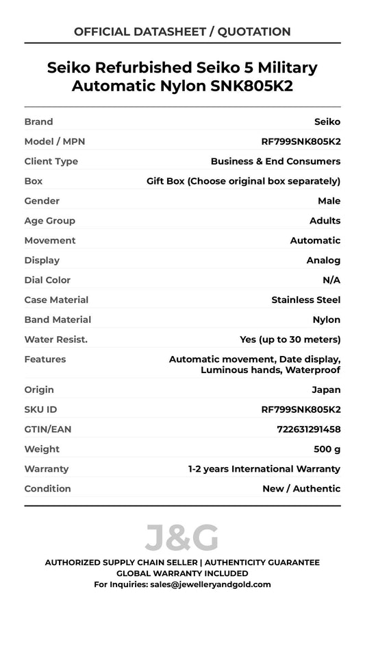 Seiko Refurbished Seiko 5 Military Automatic Nylon SNK805K2. A brand-new Seiko watch featuring a N/A dial and a Nylon strap. Angled view. - MAIN_PH