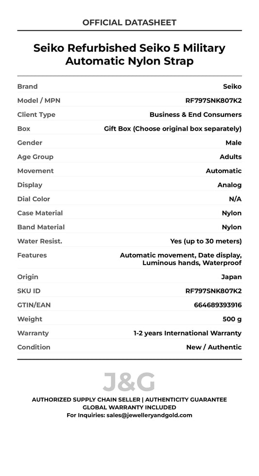 Seiko Refurbished Seiko 5 Military Automatic Nylon Strap. A brand-new Seiko watch featuring a N/A dial and a Nylon strap. Side view. - MAIN_PH
