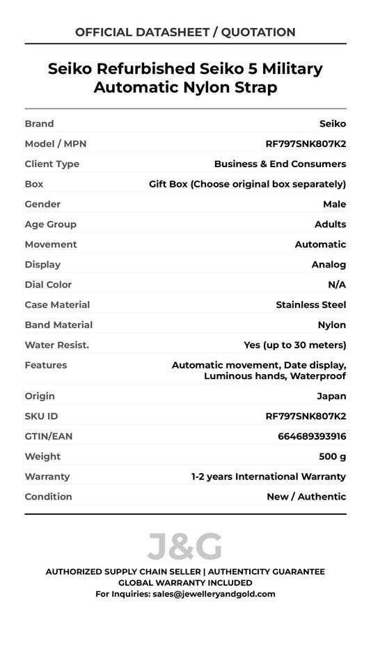 Seiko Refurbished Seiko 5 Military Automatic Nylon Strap. A brand-new Seiko watch featuring a N/A dial and a Nylon strap. Front view. - MAIN_PH