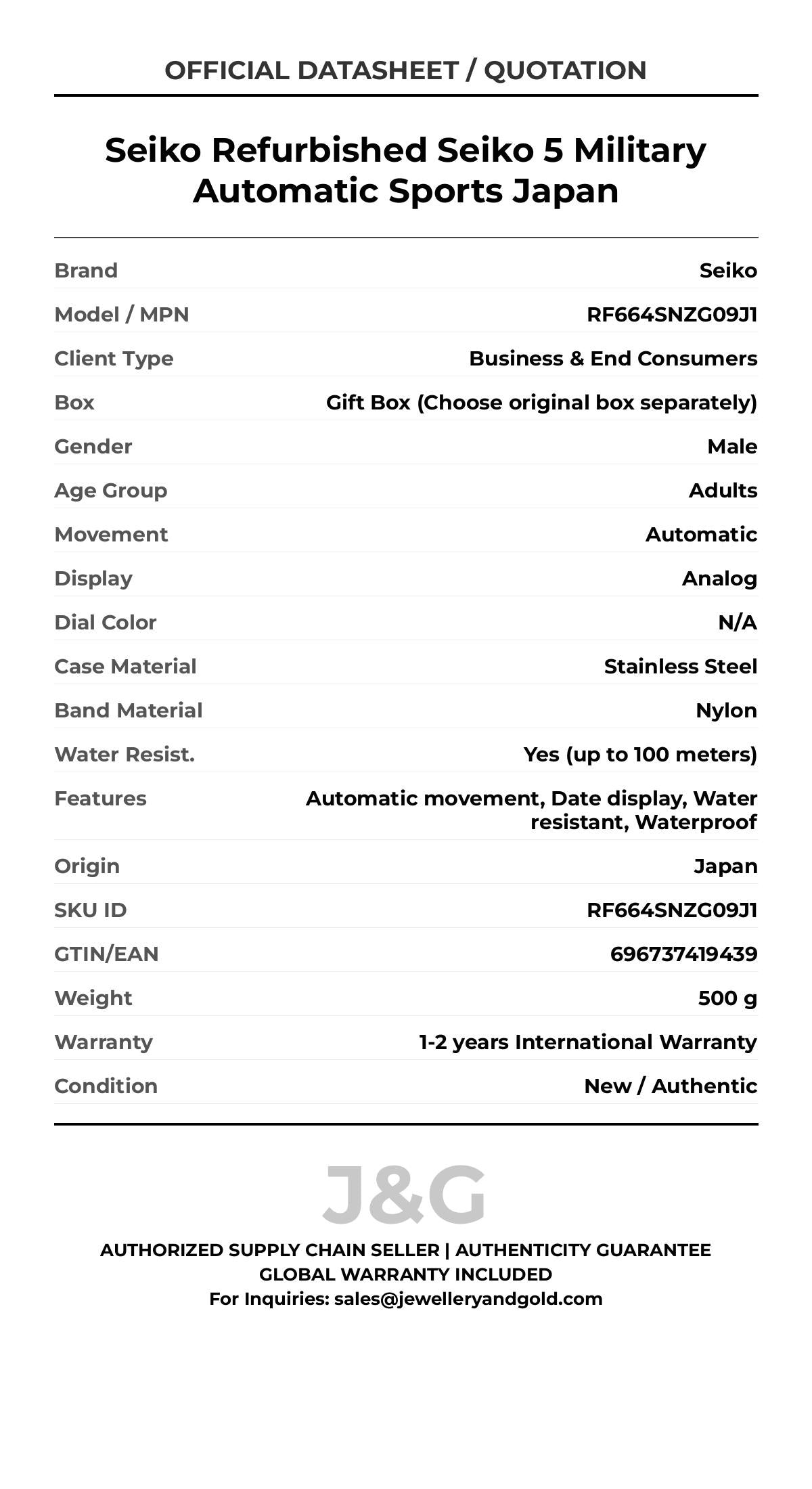 Seiko Refurbished Seiko 5 Military Automatic Sports Japan. A brand-new Seiko watch featuring a N/A dial and a Nylon strap. Angled view. - MAIN_PH