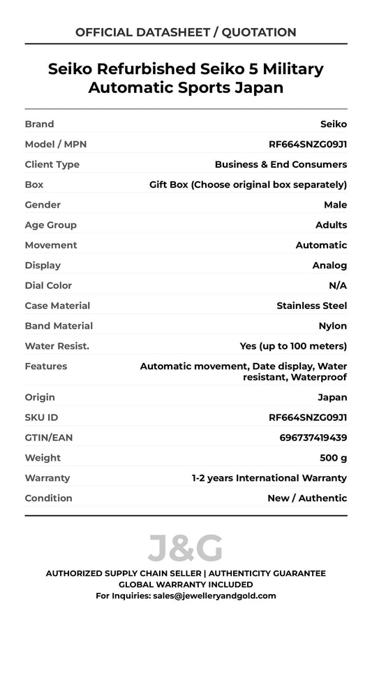 Seiko Refurbished Seiko 5 Military Automatic Sports Japan. A brand-new Seiko watch featuring a N/A dial and a Nylon strap. Angled view. - MAIN_PH