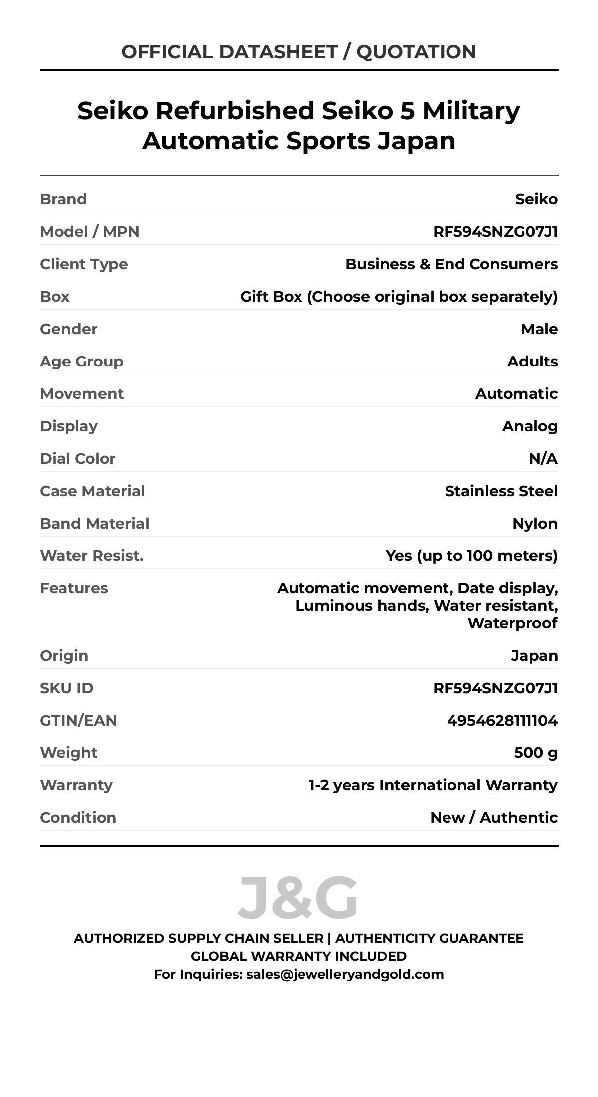 Seiko Refurbished Seiko 5 Military Automatic Sports Japan. A brand-new Seiko watch featuring a N/A dial and a Nylon strap. Front view. - MAIN_PH