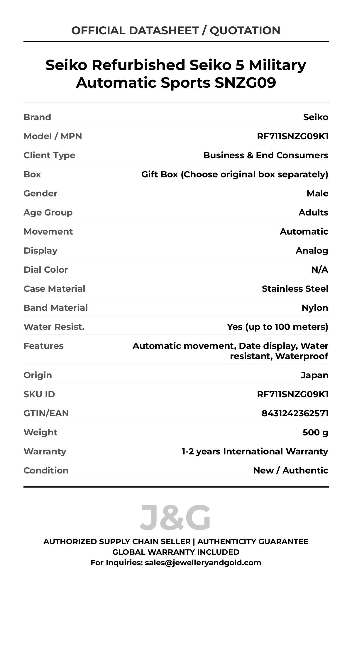 Seiko Refurbished Seiko 5 Military Automatic Sports SNZG09. A brand-new Seiko watch featuring a N/A dial and a Nylon strap. Angled view. - MAIN_PH