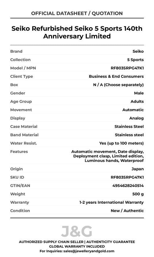 Seiko Refurbished Seiko 5 Sports 140th Anniversary Limited. A brand-new Seiko 5 Sports watch featuring a Stainless steel strap. Side view. - MAIN_PH
