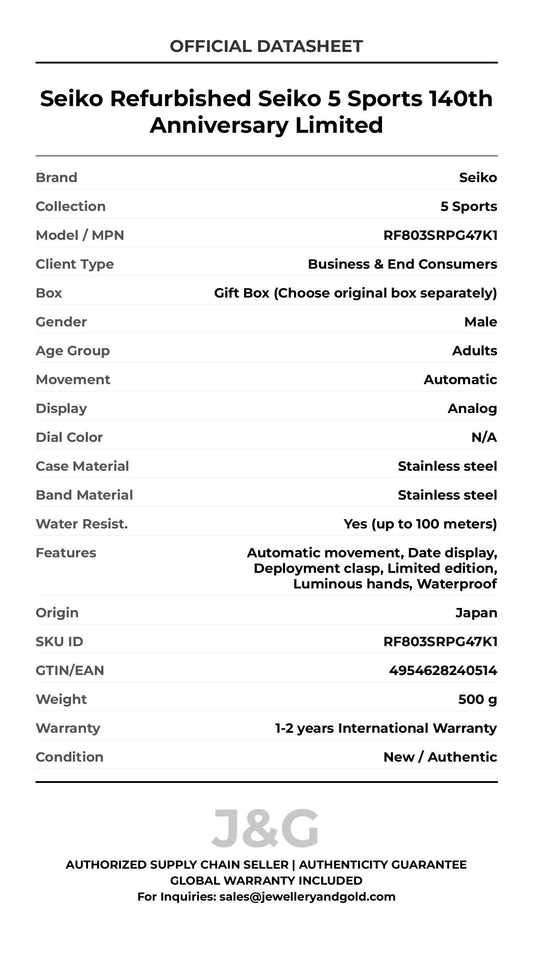 Seiko Refurbished Seiko 5 Sports 140th Anniversary Limited. A brand-new Seiko 5 Sports watch featuring a N/A dial and a Stainless steel strap. Side view. - MAIN_PH
