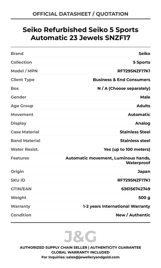 Seiko Refurbished Seiko 5 Sports Automatic 23 Jewels SNZF17. A brand-new Seiko 5 Sports watch featuring a Stainless steel strap. Front view. - MAIN_PH