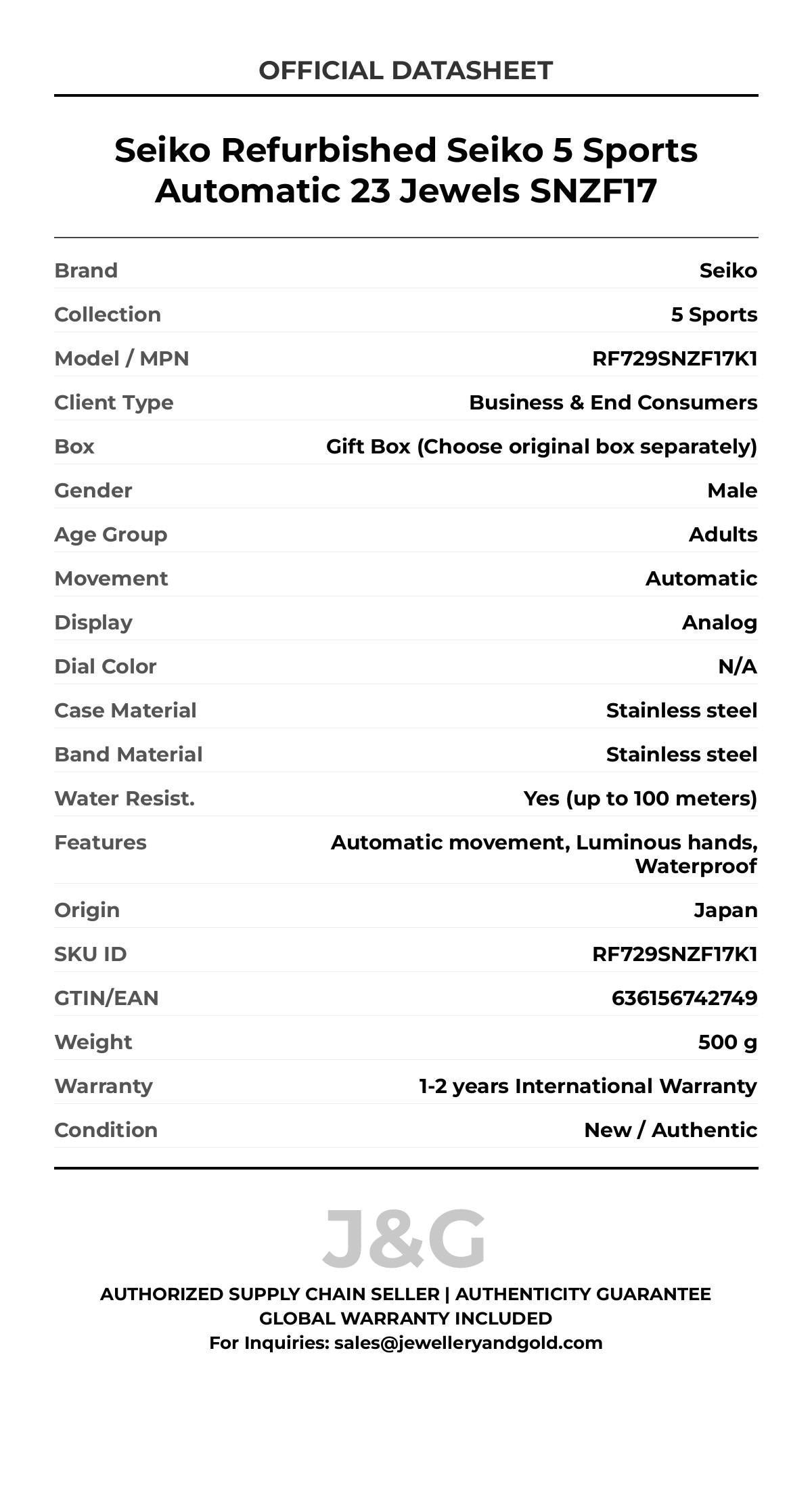 Seiko Refurbished Seiko 5 Sports Automatic 23 Jewels SNZF17. A brand-new Seiko 5 Sports watch featuring a N/A dial and a Stainless steel strap. Side view. - MAIN_PH