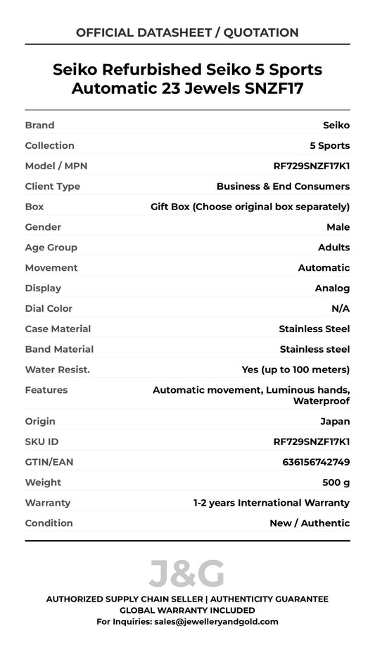 Seiko Refurbished Seiko 5 Sports Automatic 23 Jewels SNZF17. A brand-new Seiko 5 Sports watch featuring a N/A dial and a Stainless steel strap. Front view. - MAIN_PH