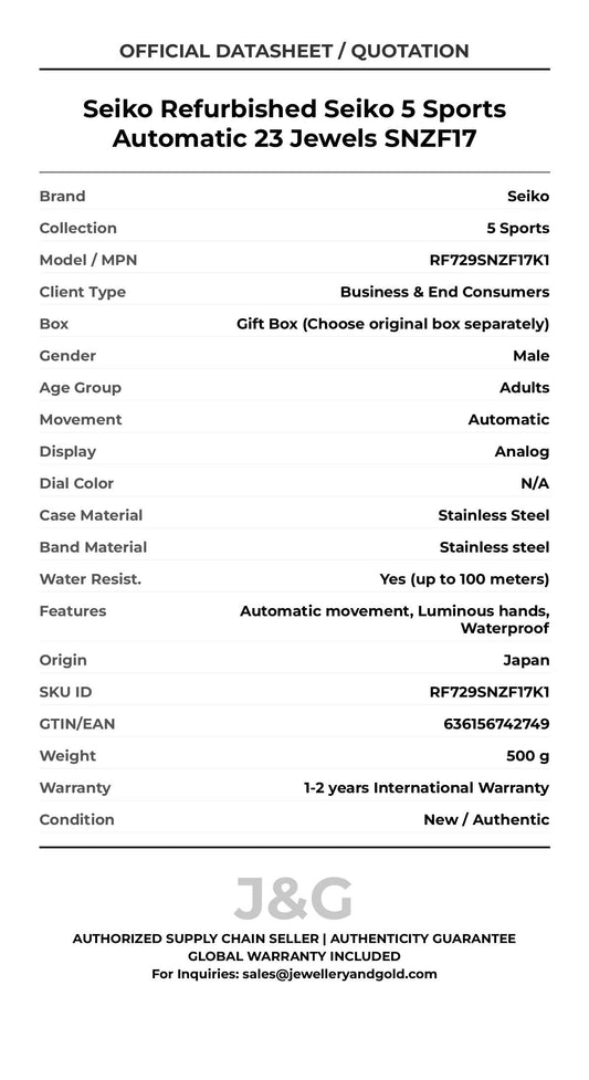 Seiko Refurbished Seiko 5 Sports Automatic 23 Jewels SNZF17. A brand-new Seiko 5 Sports watch featuring a N/A dial and a Stainless steel strap. Side view. - MAIN_PH