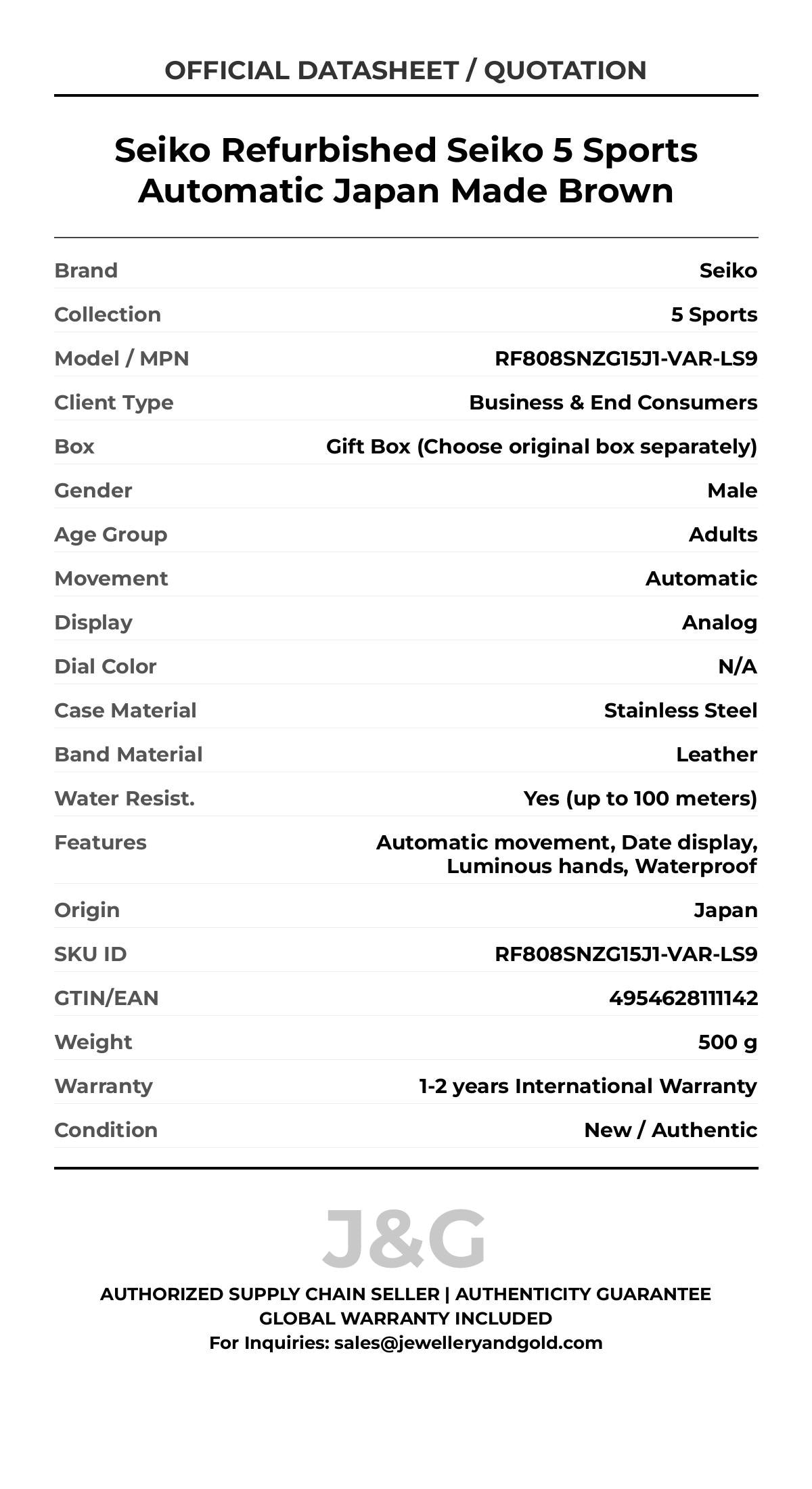 Seiko Refurbished Seiko 5 Sports Automatic Japan Made Brown. A brand-new Seiko 5 Sports watch featuring a N/A dial and a Leather strap. Side view. - MAIN_PH