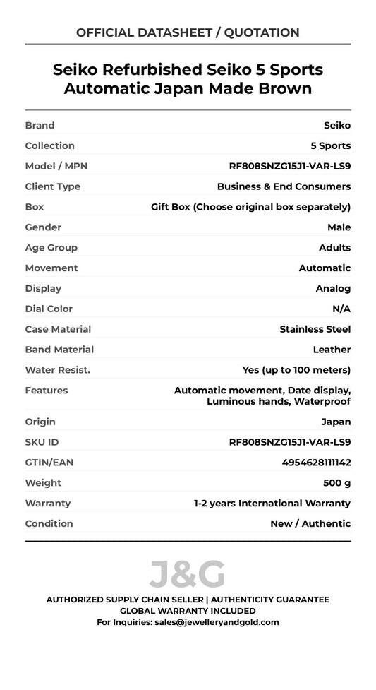 Seiko Refurbished Seiko 5 Sports Automatic Japan Made Brown. A brand-new Seiko 5 Sports watch featuring a N/A dial and a Leather strap. Side view. - MAIN_PH