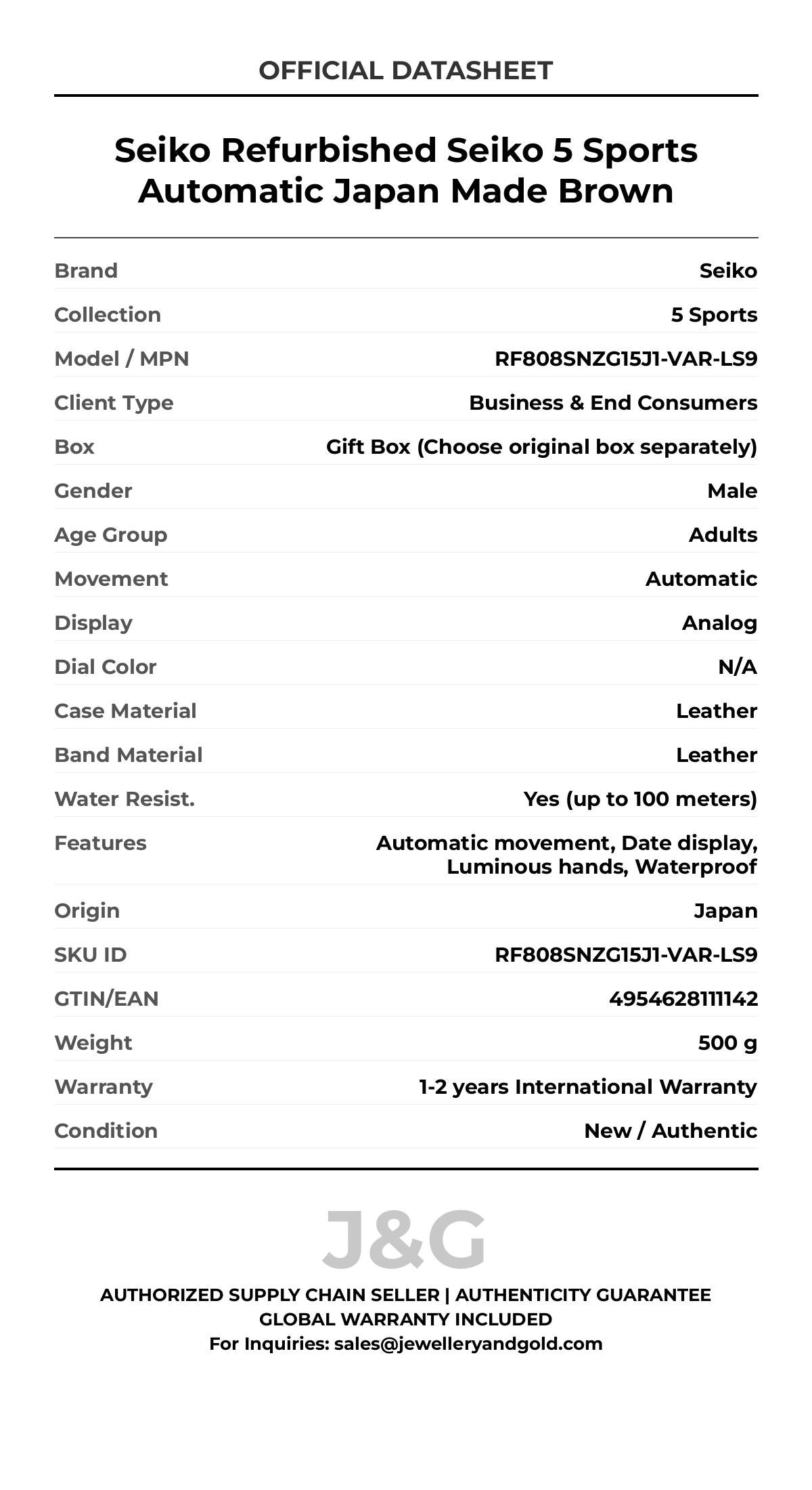 Seiko Refurbished Seiko 5 Sports Automatic Japan Made Brown. A brand-new Seiko 5 Sports watch featuring a N/A dial and a Leather strap. Side view. - MAIN_PH