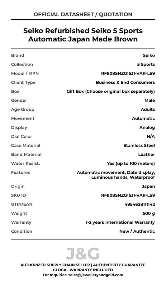 Seiko Refurbished Seiko 5 Sports Automatic Japan Made Brown. A brand-new Seiko 5 Sports watch featuring a N/A dial and a Leather strap. Angled view. - MAIN_PH