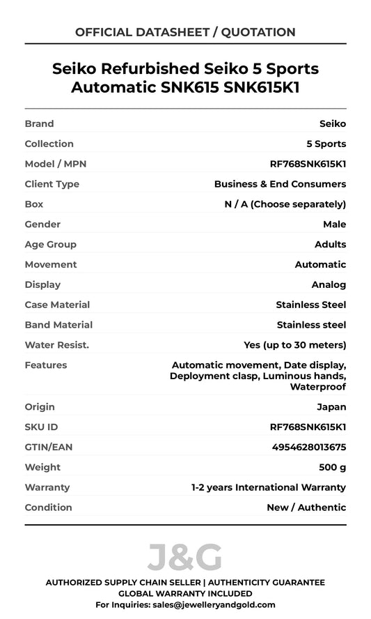 Seiko Refurbished Seiko 5 Sports Automatic SNK615 SNK615K1. A brand-new Seiko 5 Sports watch featuring a Stainless steel strap. Side view. - MAIN_PH