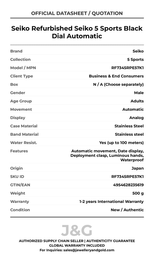 Seiko Refurbished Seiko 5 Sports Black Dial Automatic. A brand-new Seiko 5 Sports watch featuring a Stainless steel strap. Angled view. - MAIN_PH