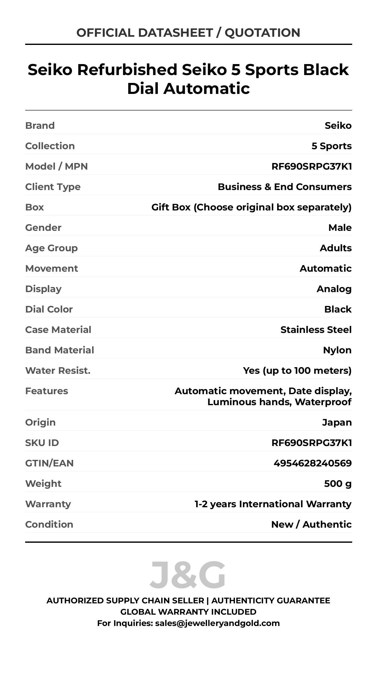 Seiko Refurbished Seiko 5 Sports Black Dial Automatic. A brand-new Seiko 5 Sports watch featuring a Black dial and a Nylon strap. Side view. - MAIN_PH