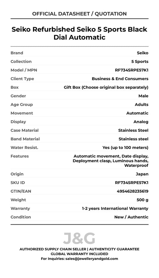 Seiko Refurbished Seiko 5 Sports Black Dial Automatic. A brand-new Seiko 5 Sports watch featuring a Stainless steel strap. Angled view. - MAIN_PH