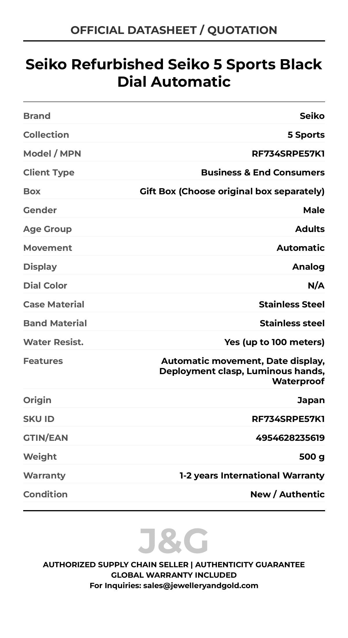 Seiko Refurbished Seiko 5 Sports Black Dial Automatic. A brand-new Seiko 5 Sports watch featuring a N/A dial and a Stainless steel strap. Side view. - MAIN_PH