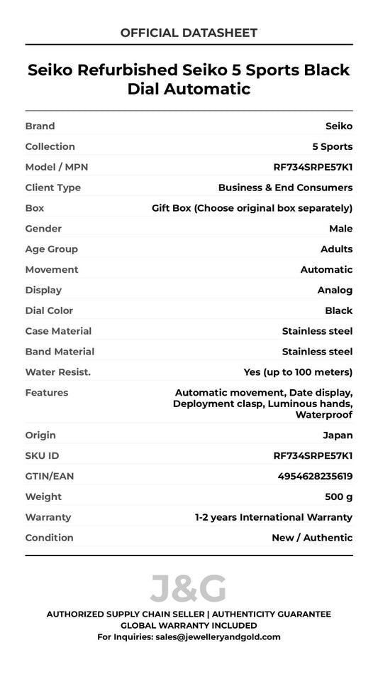 Seiko Refurbished Seiko 5 Sports Black Dial Automatic. A brand-new Seiko 5 Sports watch featuring a Black dial and a Stainless steel strap. Side view. - MAIN_PH