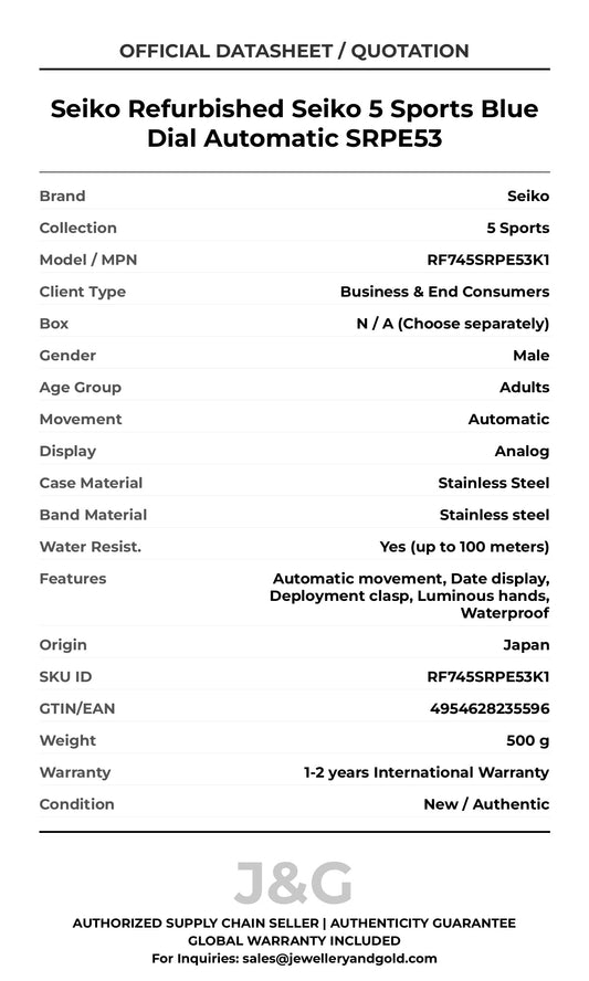 Seiko Refurbished Seiko 5 Sports Blue Dial Automatic SRPE53. A brand-new Seiko 5 Sports watch featuring a Stainless steel strap. Angled view. - MAIN_PH