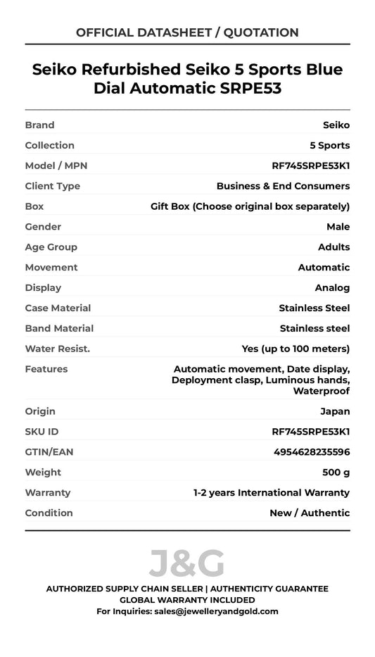 Seiko Refurbished Seiko 5 Sports Blue Dial Automatic SRPE53. A brand-new Seiko 5 Sports watch featuring a Stainless steel strap. Front view. - MAIN_PH