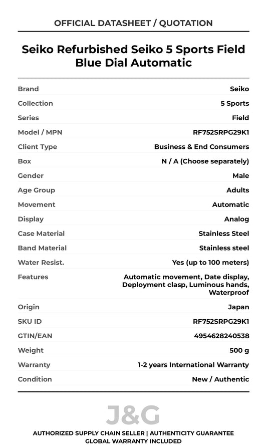 Seiko Refurbished Seiko 5 Sports Field Blue Dial Automatic. A brand-new Seiko 5 Sports watch featuring a Stainless steel strap. Angled view. - MAIN_PH