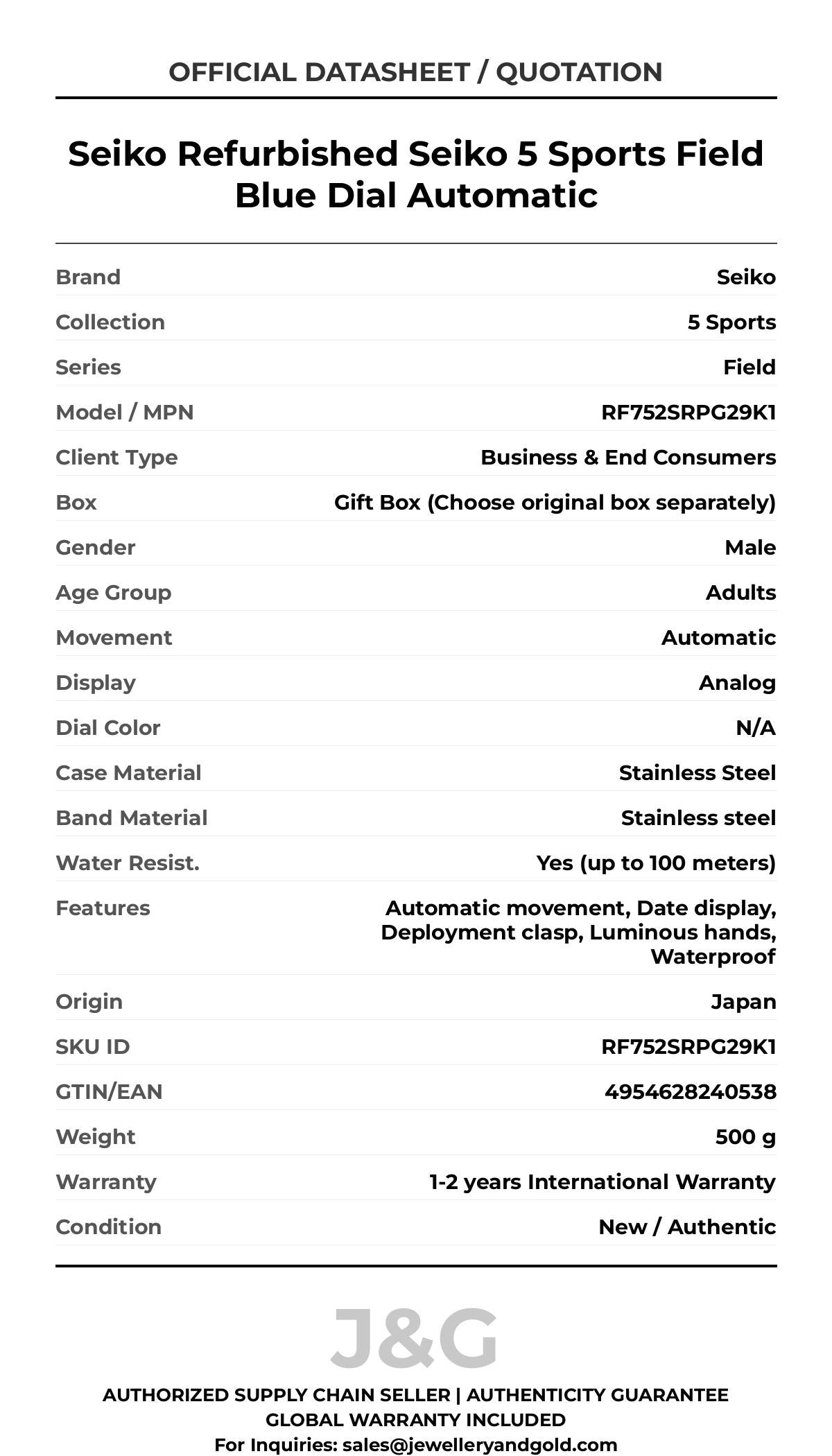 Seiko Refurbished Seiko 5 Sports Field Blue Dial Automatic. A brand-new Seiko 5 Sports watch featuring a N/A dial and a Stainless steel strap. Front view. - MAIN_PH