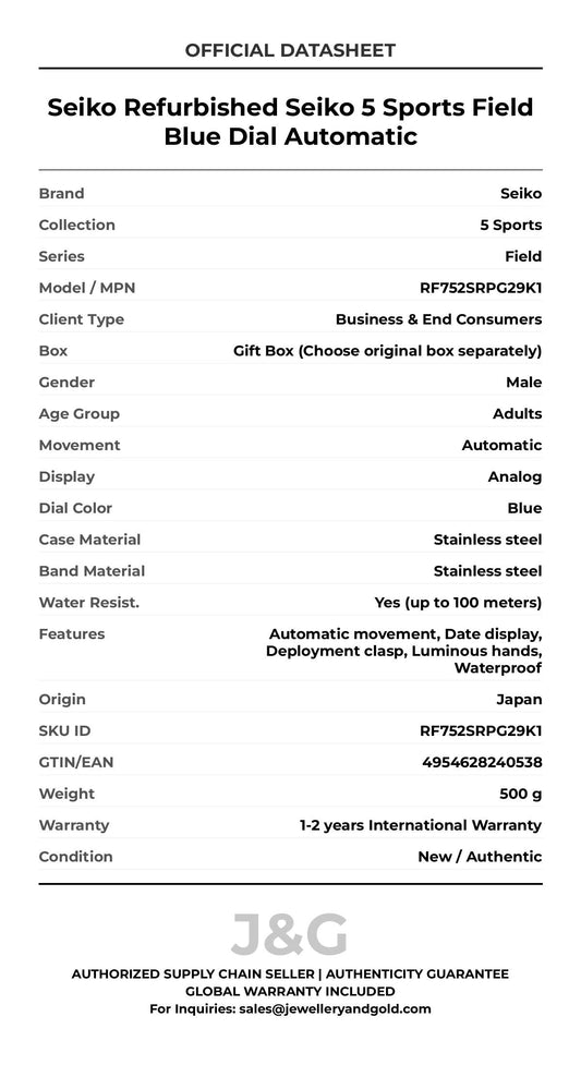 Seiko Refurbished Seiko 5 Sports Field Blue Dial Automatic. A brand-new Seiko 5 Sports watch featuring a Blue dial and a Stainless steel strap. Side view. - MAIN_PH