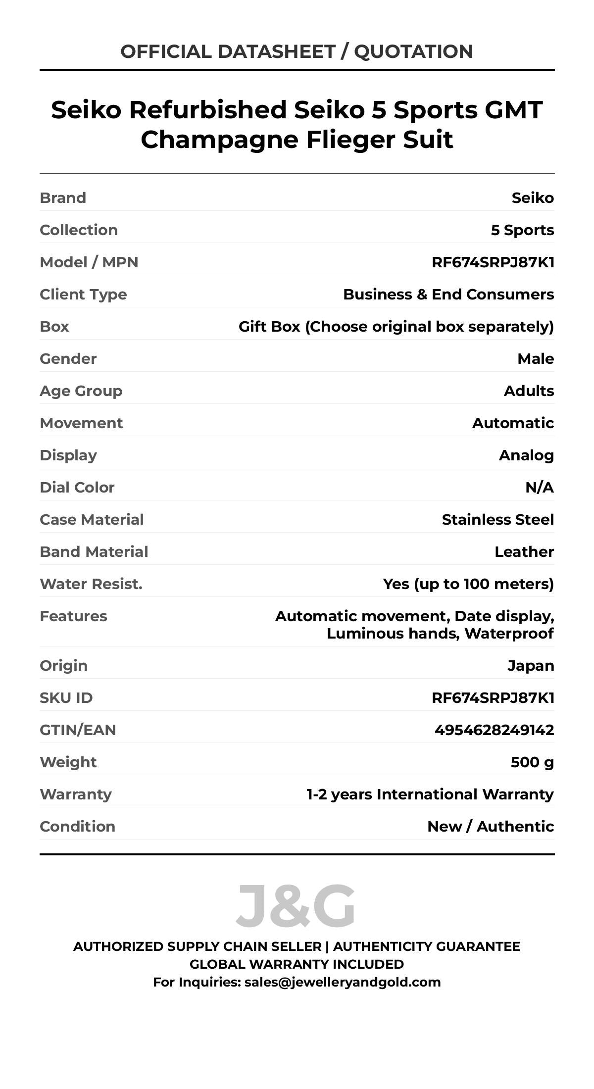 Seiko Refurbished Seiko 5 Sports GMT Champagne Flieger Suit. A brand-new Seiko 5 Sports watch featuring a N/A dial and a Leather strap. Front view. - MAIN_PH
