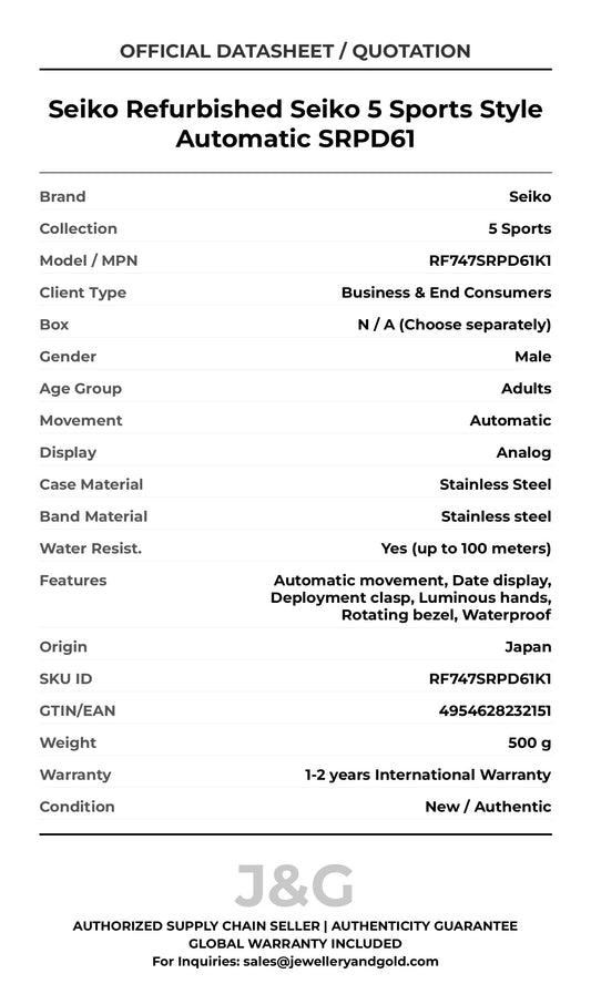 Seiko Refurbished Seiko 5 Sports Style Automatic SRPD61. A brand-new Seiko 5 Sports watch featuring a Stainless steel strap. Side view. - MAIN_PH