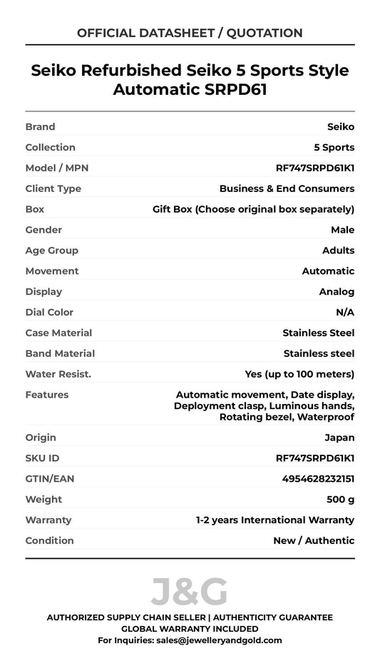 Seiko Refurbished Seiko 5 Sports Style Automatic SRPD61. A brand-new Seiko 5 Sports watch featuring a N/A dial and a Stainless steel strap. Front view. - MAIN_PH