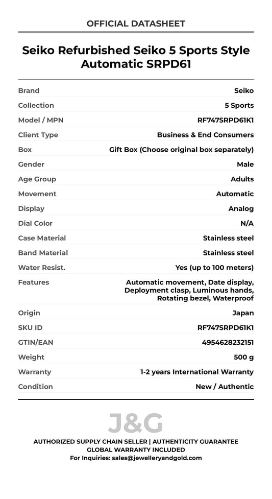 Seiko Refurbished Seiko 5 Sports Style Automatic SRPD61. A brand-new Seiko 5 Sports watch featuring a N/A dial and a Stainless steel strap. Front view. - MAIN_PH