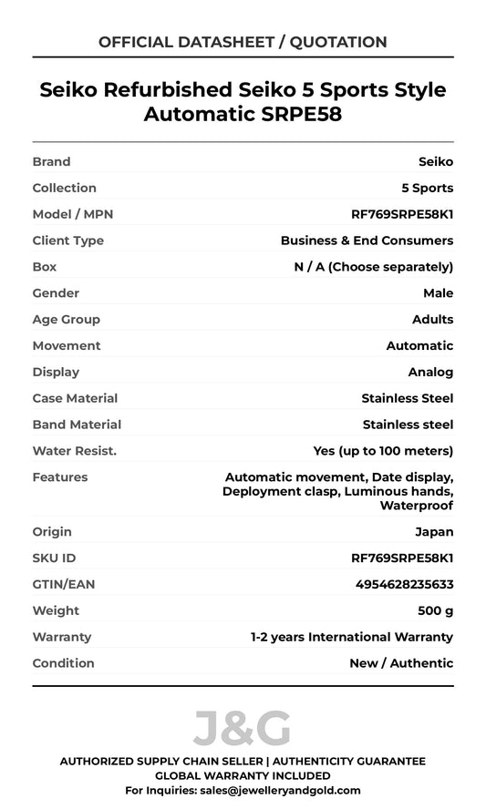 Seiko Refurbished Seiko 5 Sports Style Automatic SRPE58. A brand-new Seiko 5 Sports watch featuring a Stainless steel strap. Front view. - MAIN_PH