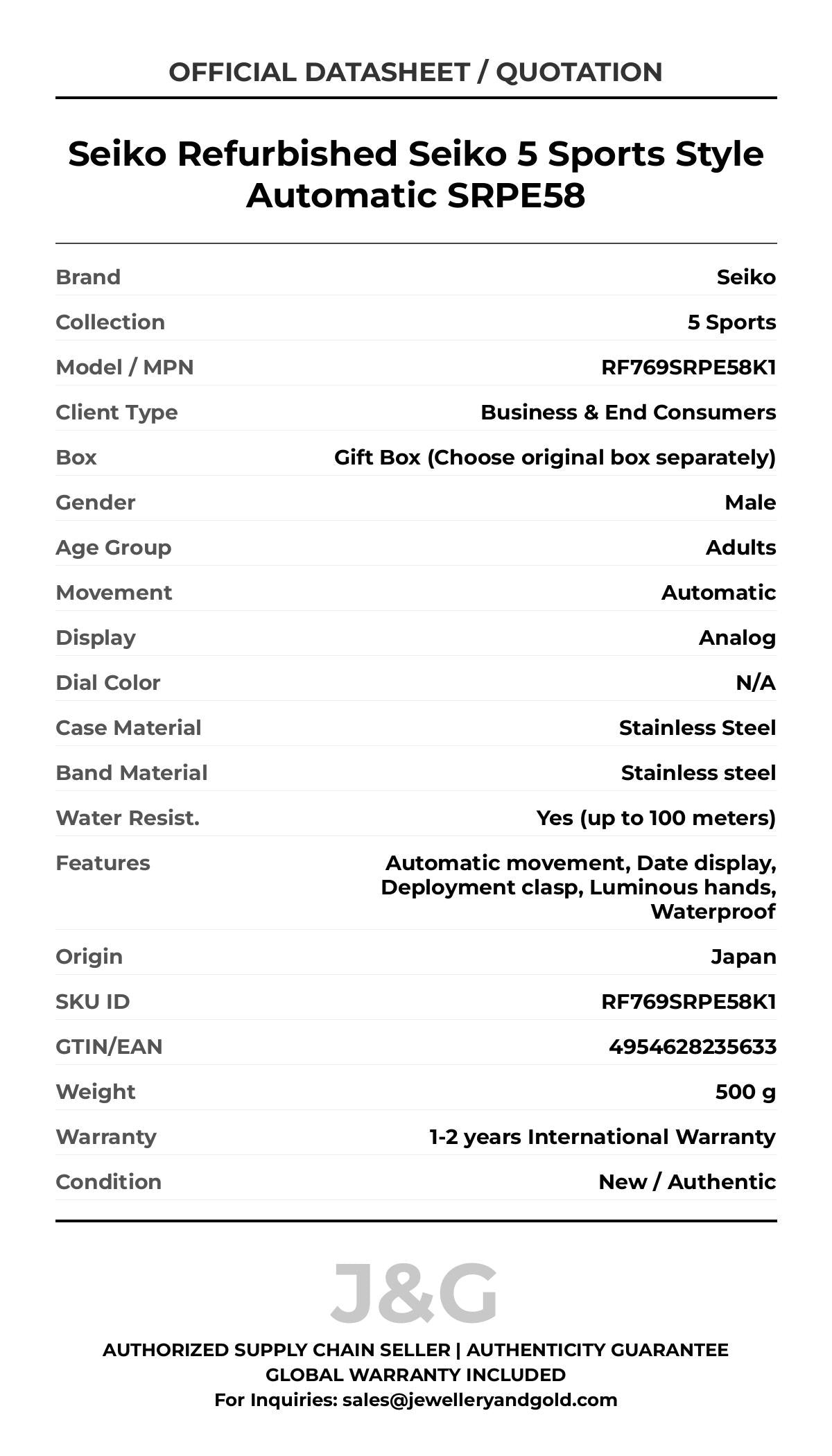 Seiko Refurbished Seiko 5 Sports Style Automatic SRPE58. A brand-new Seiko 5 Sports watch featuring a N/A dial and a Stainless steel strap. Side view. - MAIN_PH