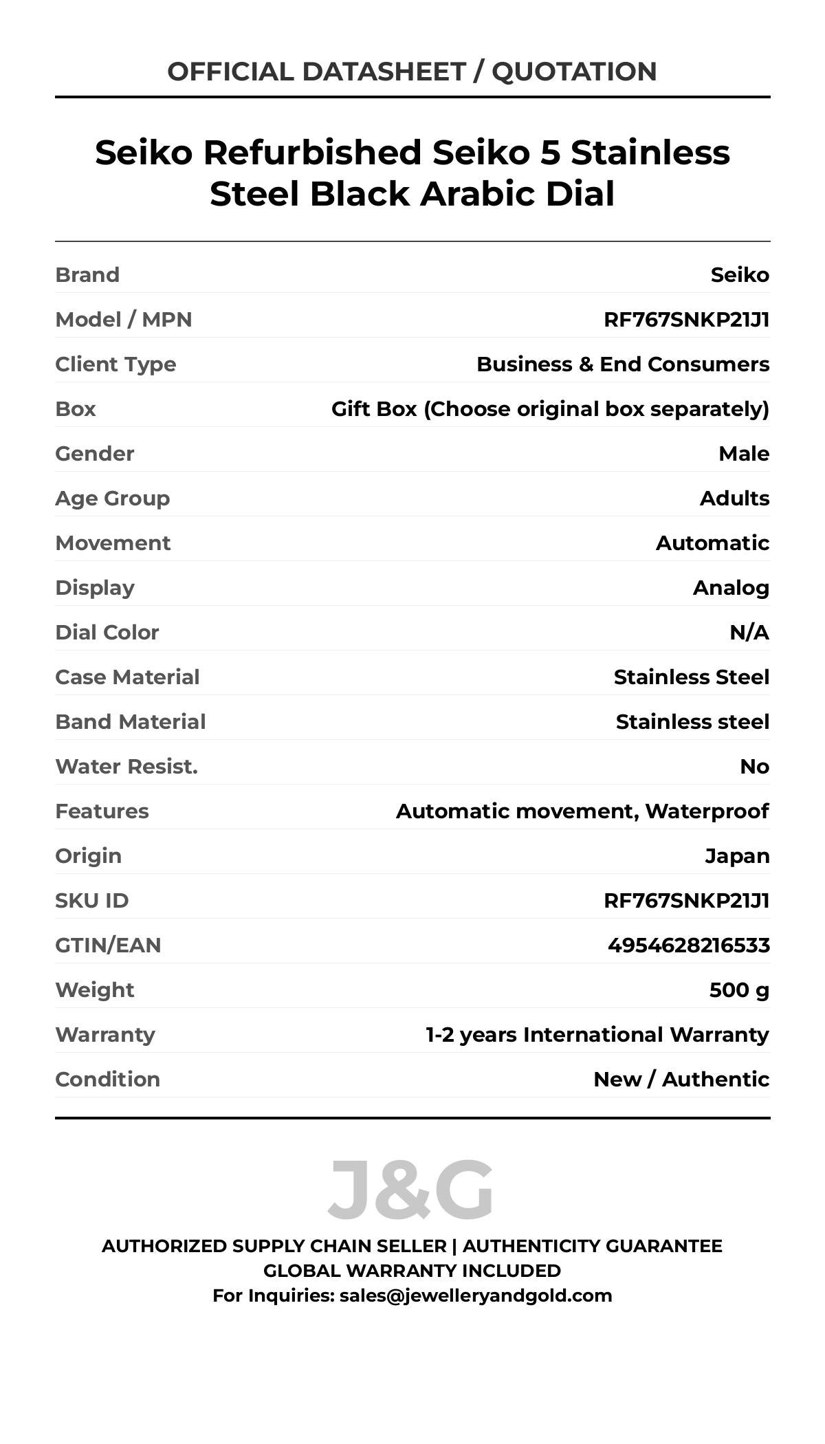 Seiko Refurbished Seiko 5 Stainless Steel Black Arabic Dial. A brand-new Seiko watch featuring a N/A dial and a Stainless steel strap. Side view. - MAIN_PH