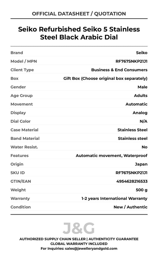 Seiko Refurbished Seiko 5 Stainless Steel Black Arabic Dial. A brand-new Seiko watch featuring a N/A dial and a Stainless steel strap. Side view. - MAIN_PH