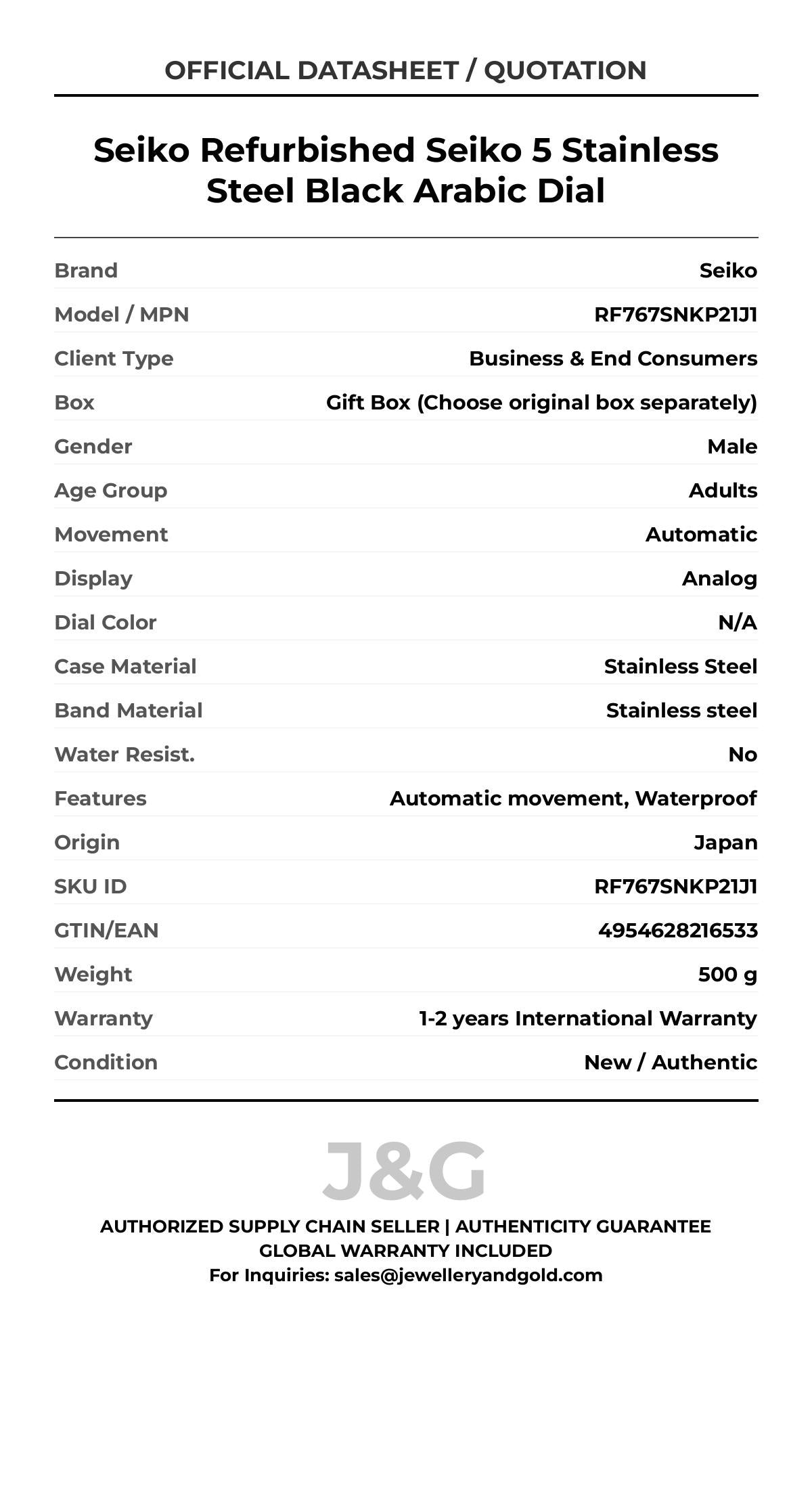 Seiko Refurbished Seiko 5 Stainless Steel Black Arabic Dial. A brand-new Seiko watch featuring a N/A dial and a Stainless steel strap. Angled view. - MAIN_PH