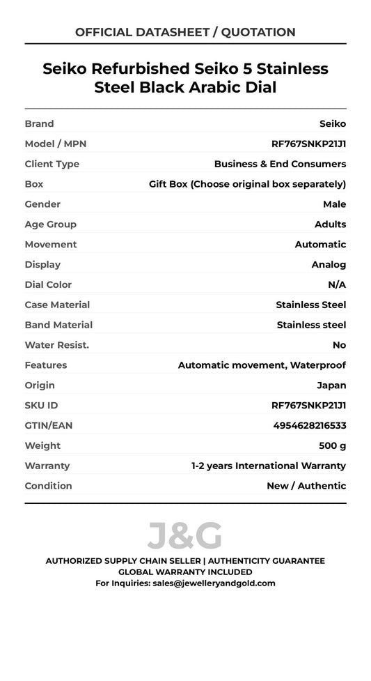 Seiko Refurbished Seiko 5 Stainless Steel Black Arabic Dial. A brand-new Seiko watch featuring a N/A dial and a Stainless steel strap. Angled view. - MAIN_PH