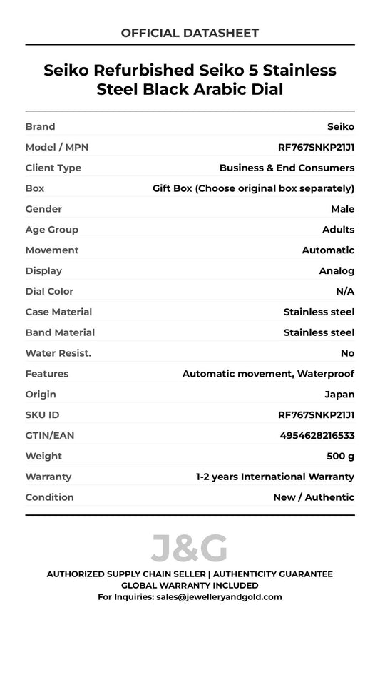 Seiko Refurbished Seiko 5 Stainless Steel Black Arabic Dial. A brand-new Seiko watch featuring a N/A dial and a Stainless steel strap. Angled view. - MAIN_PH