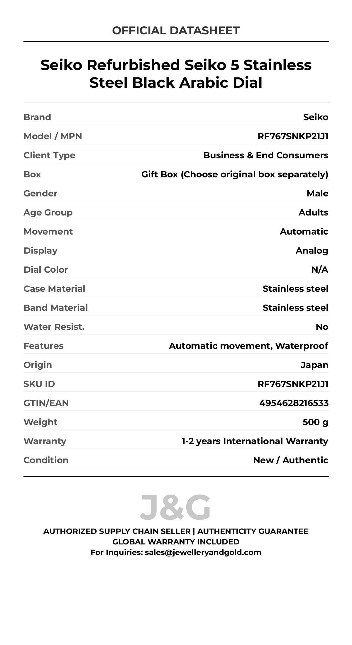Seiko Refurbished Seiko 5 Stainless Steel Black Arabic Dial. A brand-new Seiko watch featuring a N/A dial and a Stainless steel strap. Angled view. - MAIN_PH