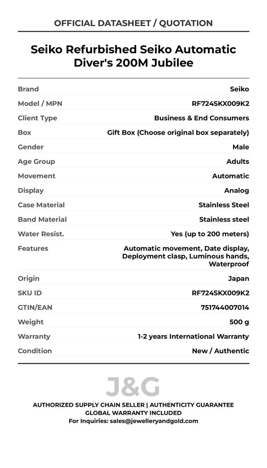 Seiko Refurbished Seiko Automatic Diver's 200M Jubilee. A brand-new Seiko watch featuring a Stainless steel strap. Side view. - MAIN_PH