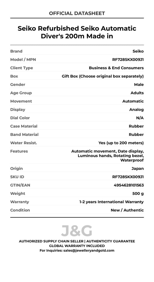 Seiko Refurbished Seiko Automatic Diver's 200m Made in. A brand-new Seiko watch featuring a N/A dial and a Rubber strap. Front view. - MAIN_PH