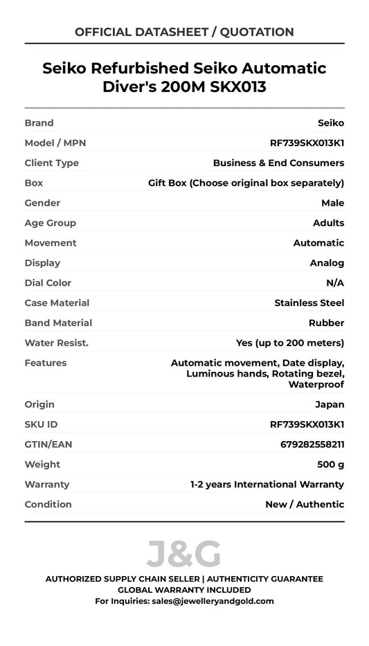 Seiko Refurbished Seiko Automatic Diver's 200M SKX013. A brand-new Seiko watch featuring a N/A dial and a Rubber strap. Front view. - MAIN_PH