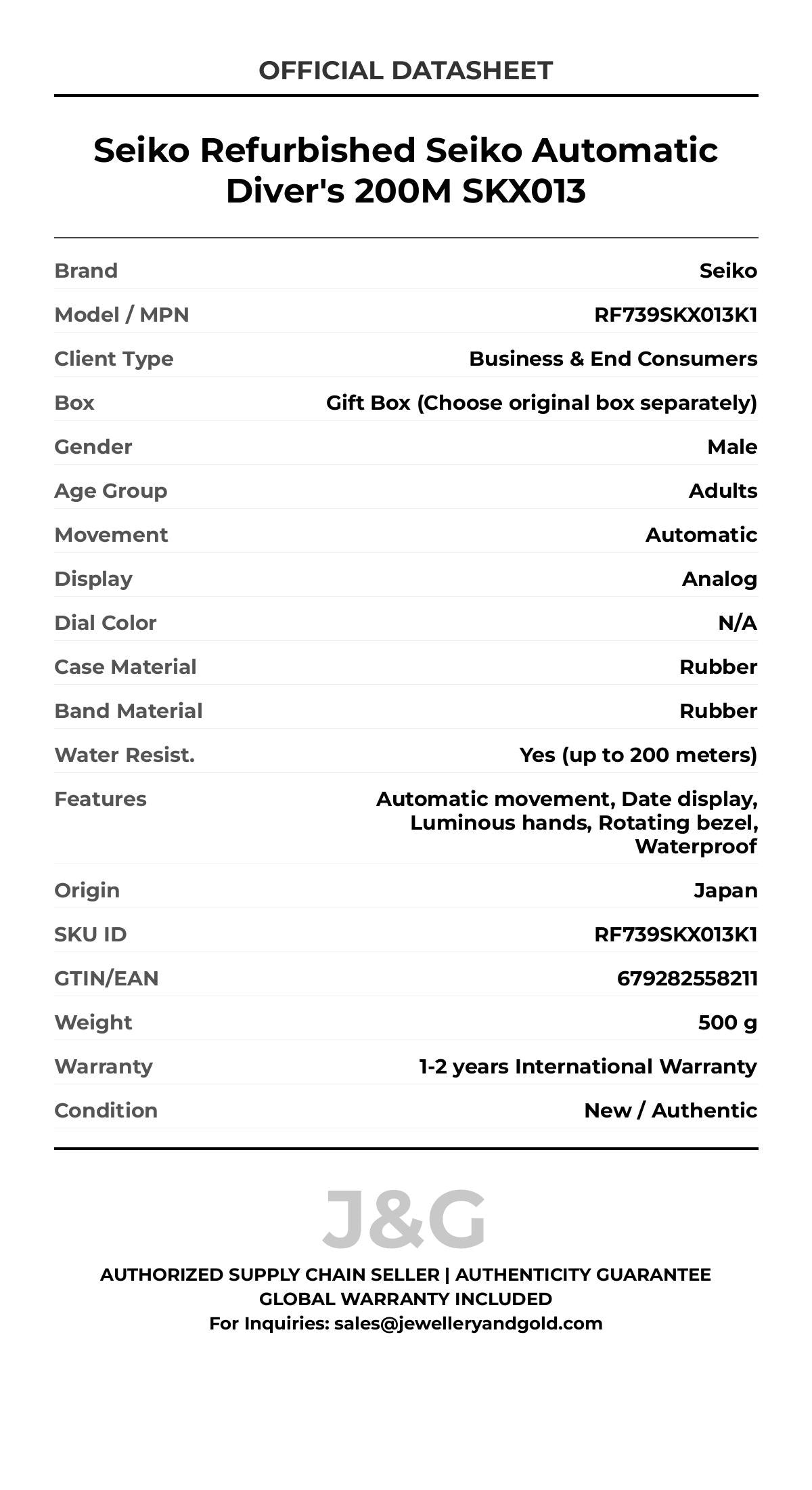 Seiko Refurbished Seiko Automatic Diver's 200M SKX013. A brand-new Seiko watch featuring a N/A dial and a Rubber strap. Side view. - MAIN_PH