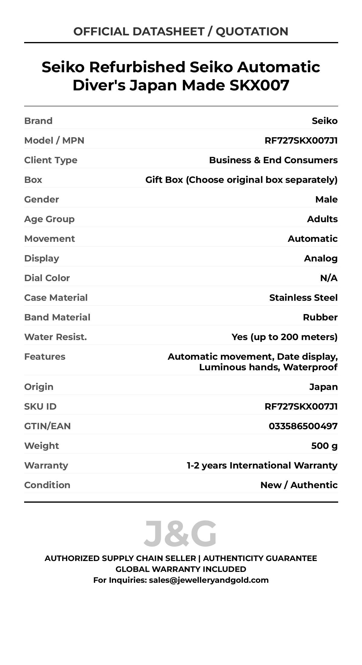 Seiko Refurbished Seiko Automatic Diver's Japan Made SKX007. A brand-new Seiko watch featuring a N/A dial and a Rubber strap. Angled view. - MAIN_PH