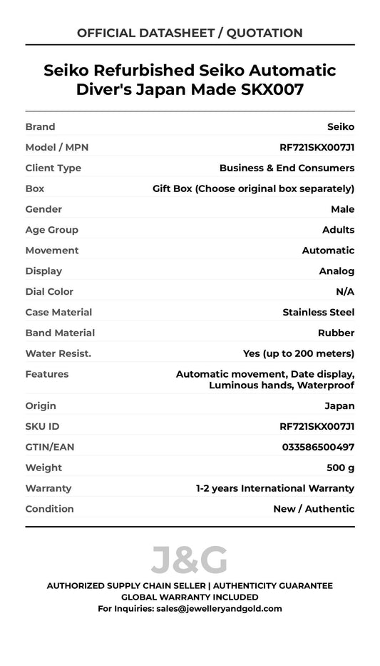 Seiko Refurbished Seiko Automatic Diver's Japan Made SKX007. A brand-new Seiko watch featuring a N/A dial and a Rubber strap. Angled view. - MAIN_PH