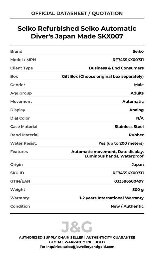 Seiko Refurbished Seiko Automatic Diver's Japan Made SKX007. A brand-new Seiko watch featuring a N/A dial and a Rubber strap. Angled view. - MAIN_PH