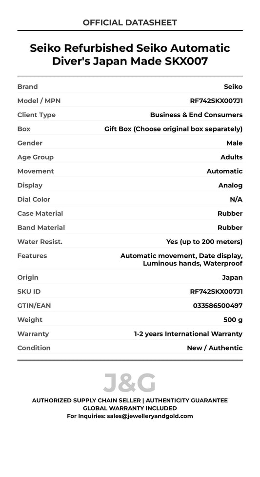 Seiko Refurbished Seiko Automatic Diver's Japan Made SKX007. A brand-new Seiko watch featuring a N/A dial and a Rubber strap. Front view. - MAIN_PH